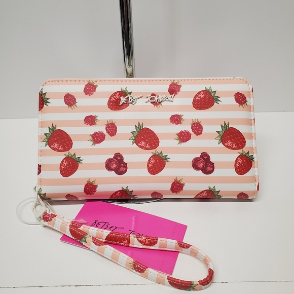 Betsey Johnson Pink and White Strawberry Zip Around Wristlet Wallet - Picture 1 of 6